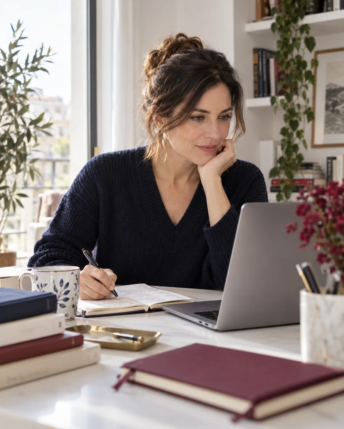 Ilustración de una mujer adulta estudiando en casa con ordenador y apuntes