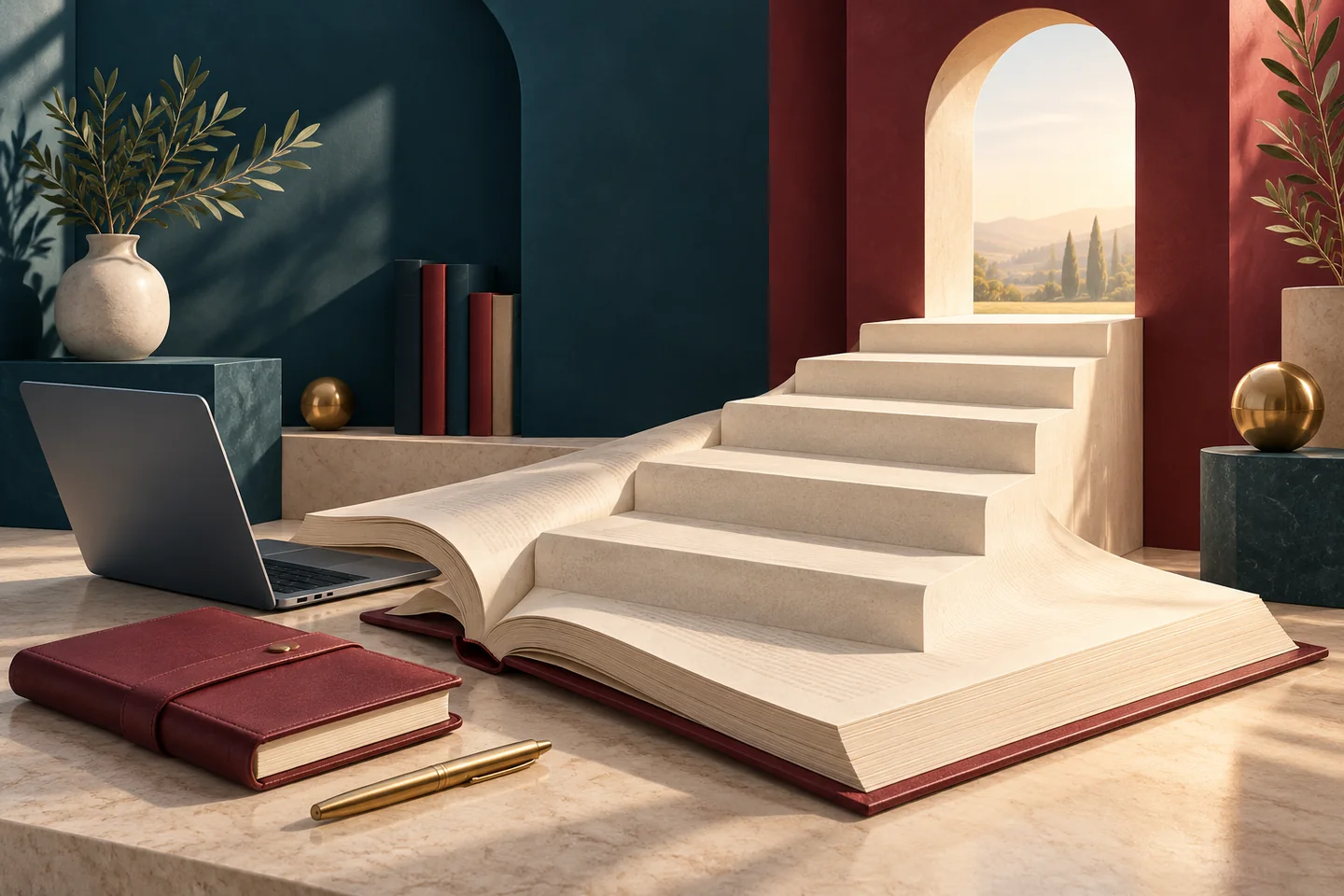 Ilustración de un libro convertido en una escalera hacia un arco luminoso