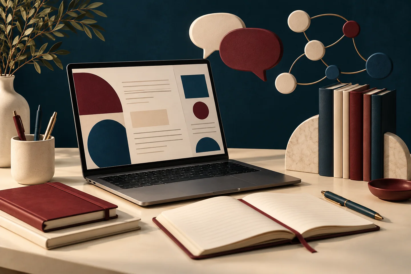 Ilustración de materiales de estudio, un portátil y símbolos de conversación