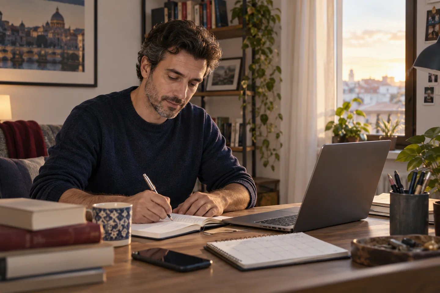 Ilustración editorial de un adulto estudiando online en casa