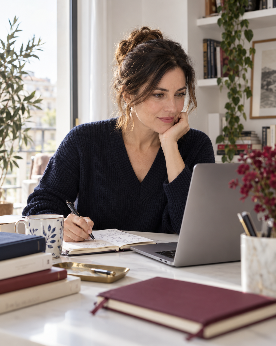 Ilustración de una mujer adulta estudiando en casa con su ordenador y sus apuntes