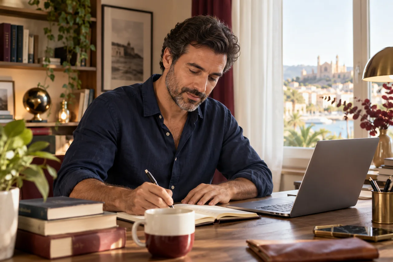 Escena ilustrativa de un hombre adulto estudiando con ordenador y cuaderno