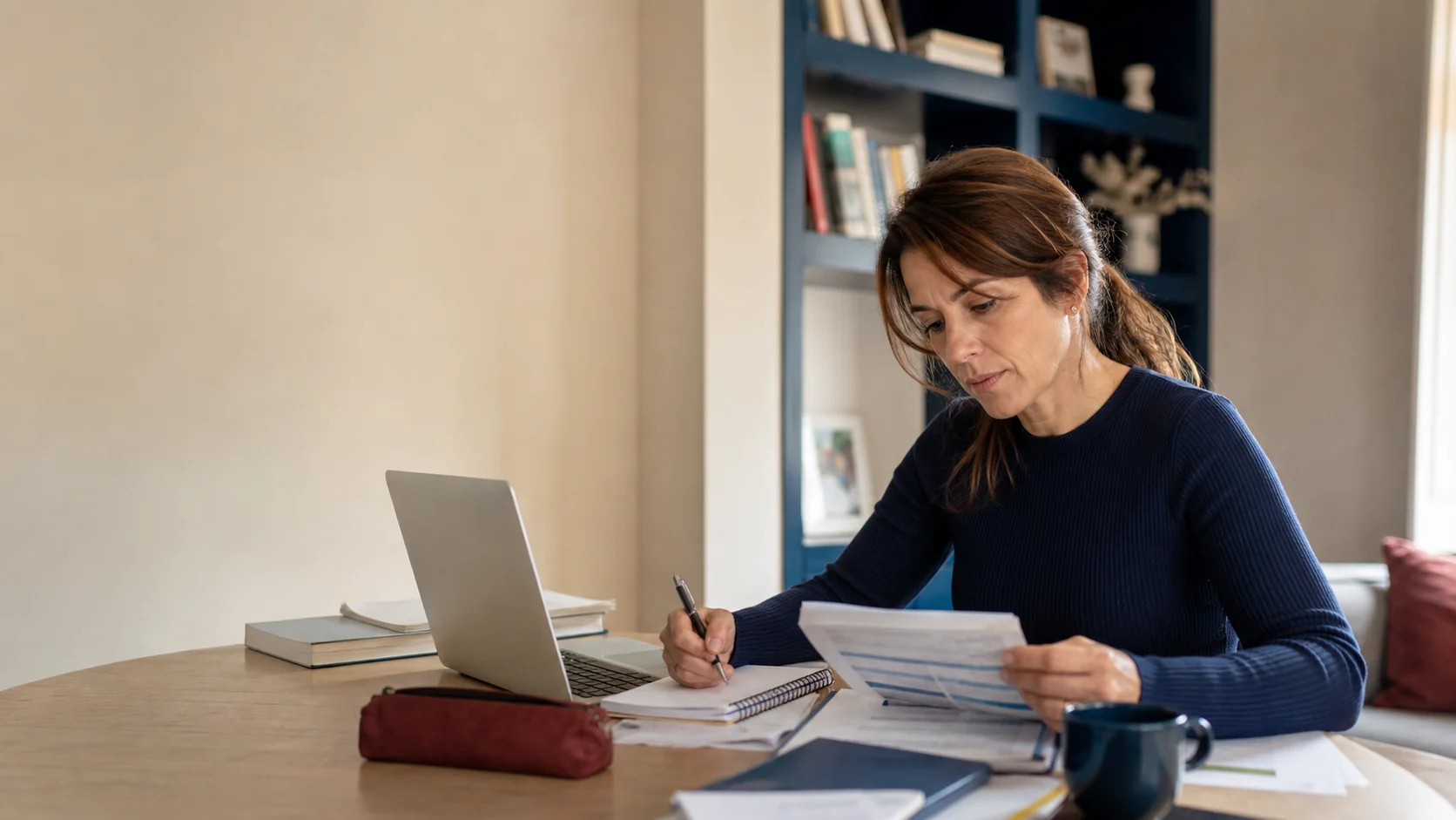 Mujer adulta preparando sus estudios en casa