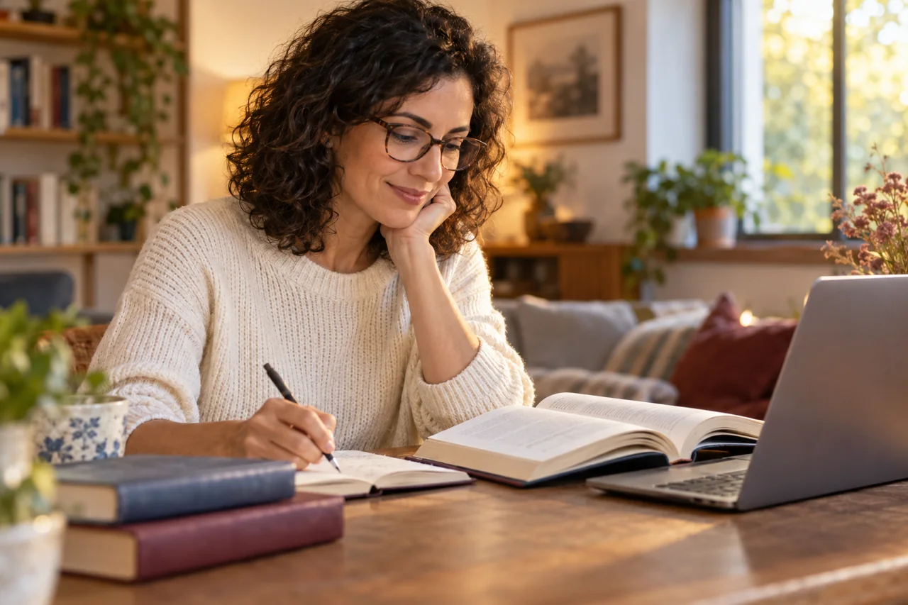 Escena ilustrativa de una mujer adulta consultando un libro junto a su ordenador